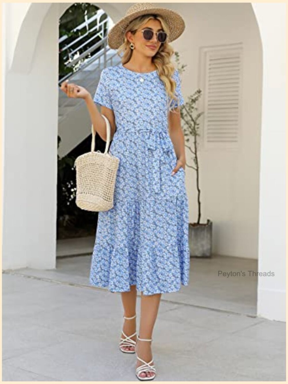 Tiered Midi Dress Short Sleeve Belted Ruffle Babydoll Boho Sundress with Pockets - Picture 5 of 7